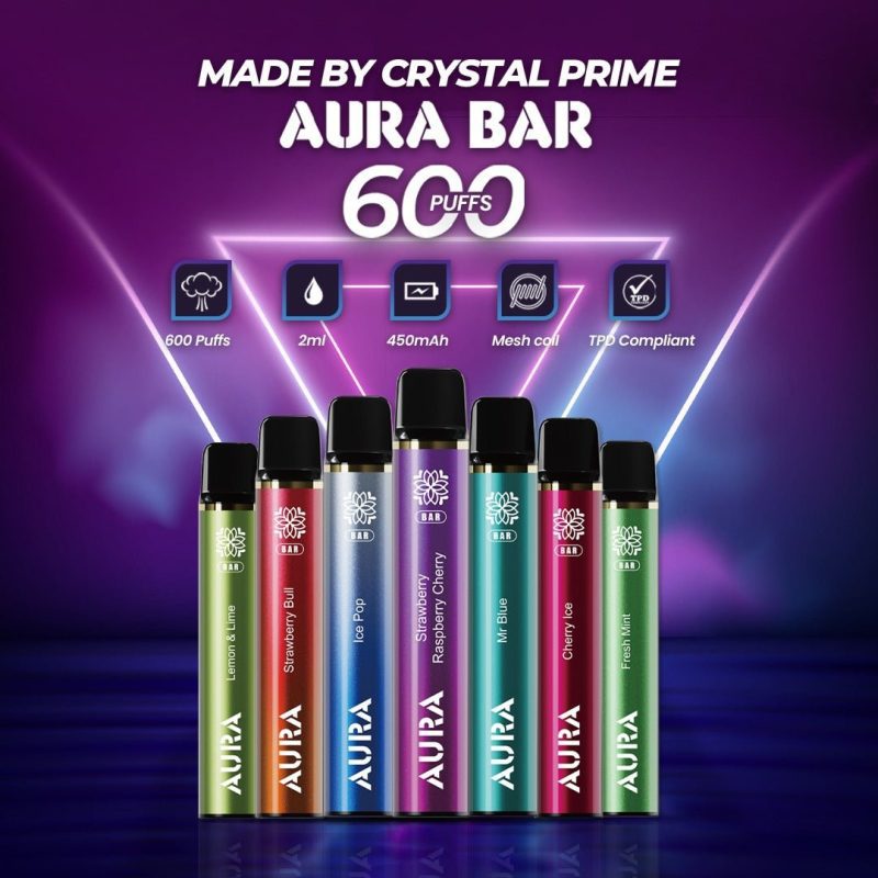 aura bar 600 puffs disposbale vape pod box of 10 mcr vape distro 708993